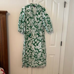 J. Crew Green and White Floral Long Sleeve Dress